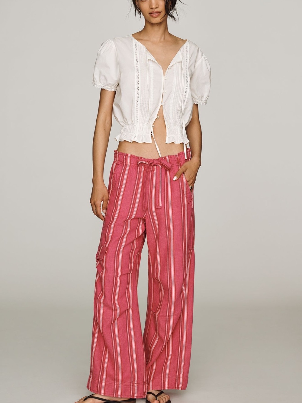 Pilcro by Anthropologie Pink Striped Wide-Leg Cargo Linen-Cotton Blend Pants